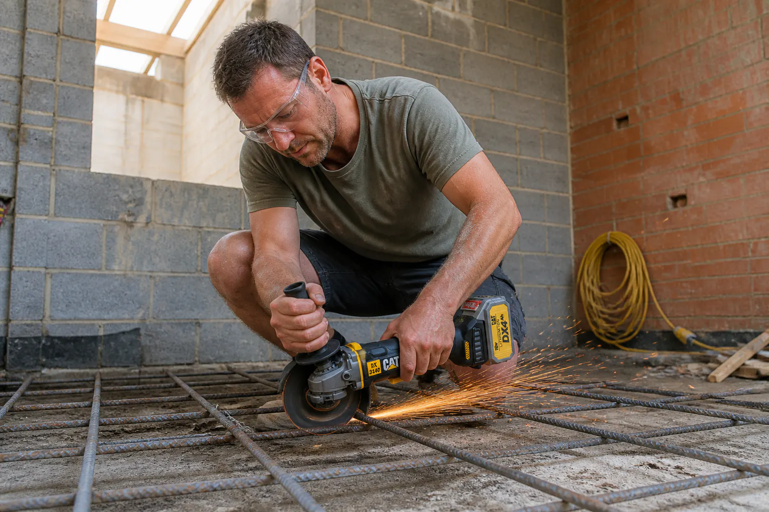 Cordless brushless angle grinder cutting rebar on a renovation site