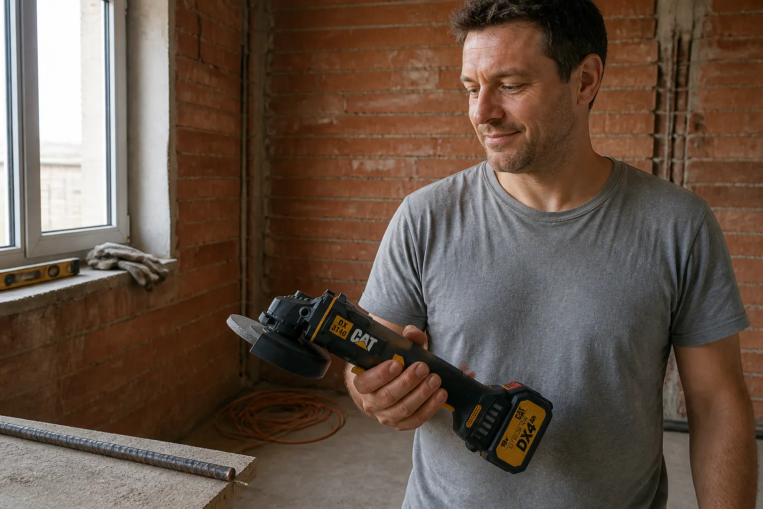 Renovation site with the rebar cut done, cordless grinder in hand