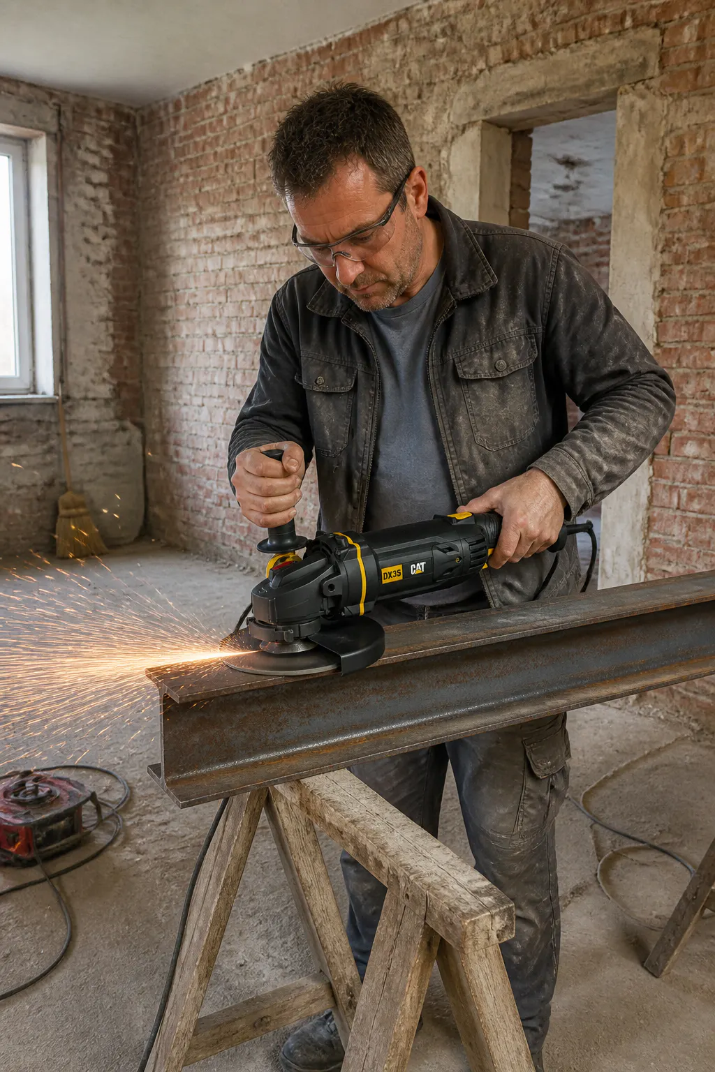 Metal fabricator holding the DX35 grinder on a jobsite