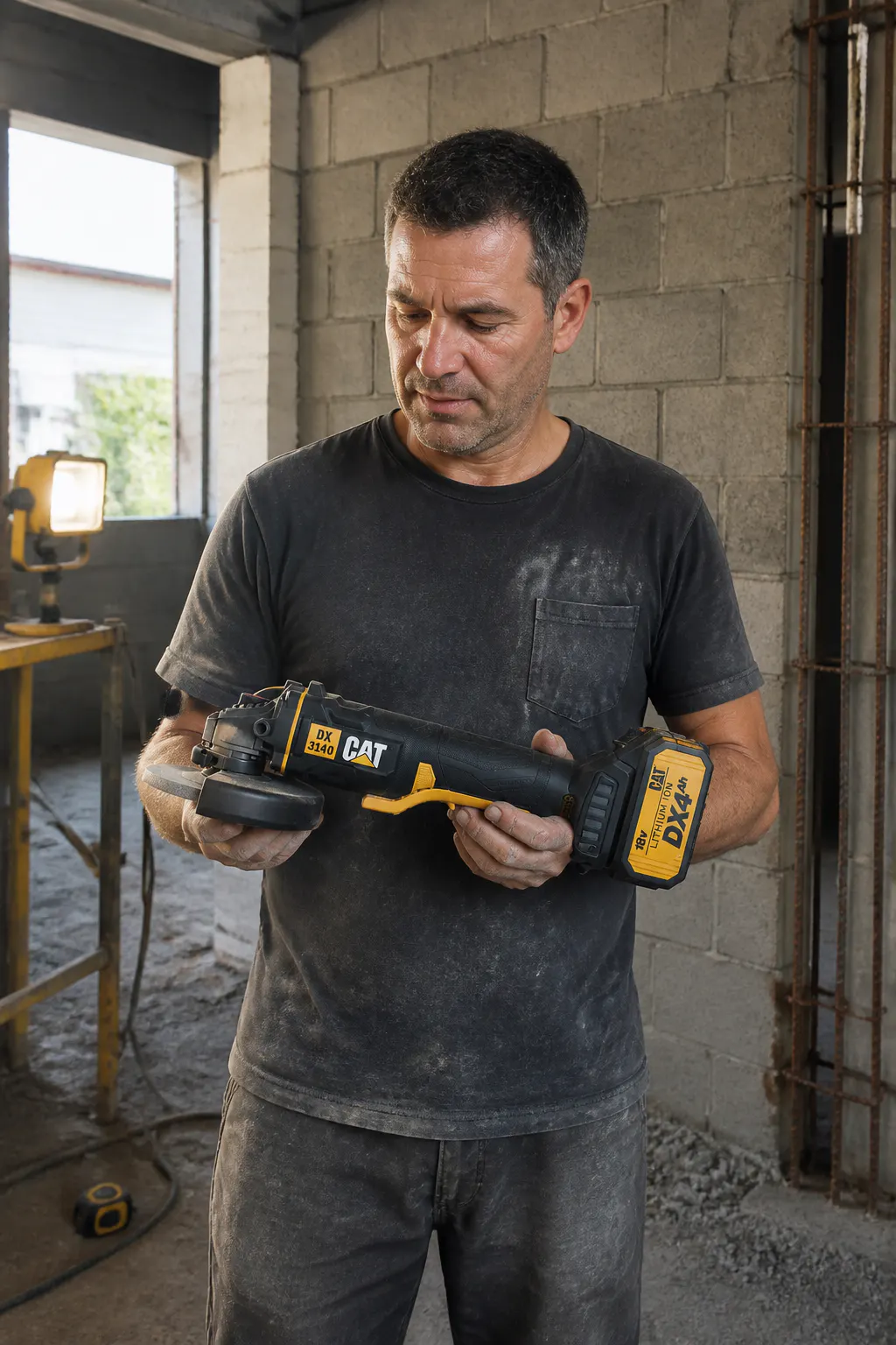 Contractor on a jobsite holding the DX3140B cordless grinder