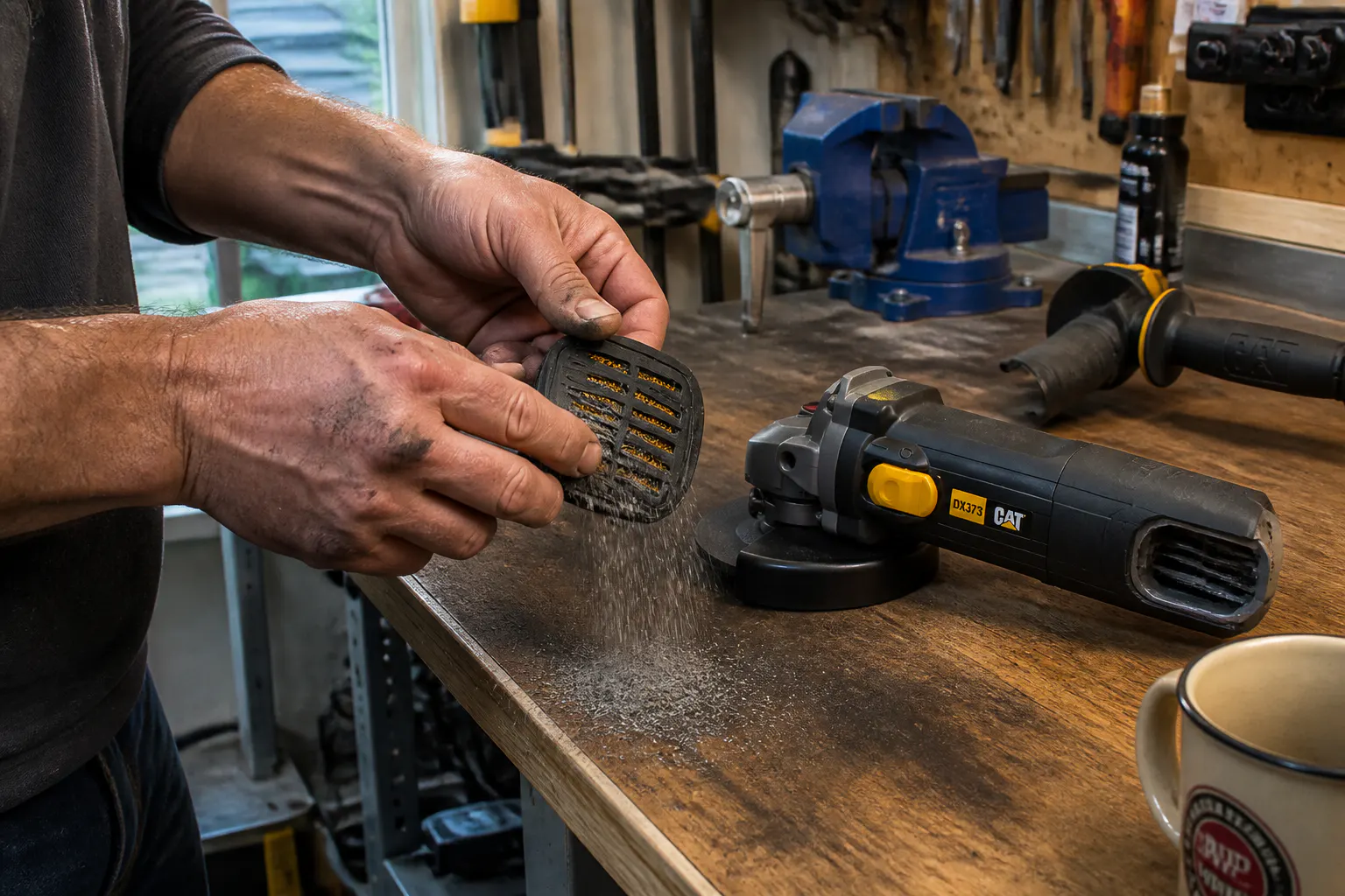 Tapping metal dust out of the removed grille