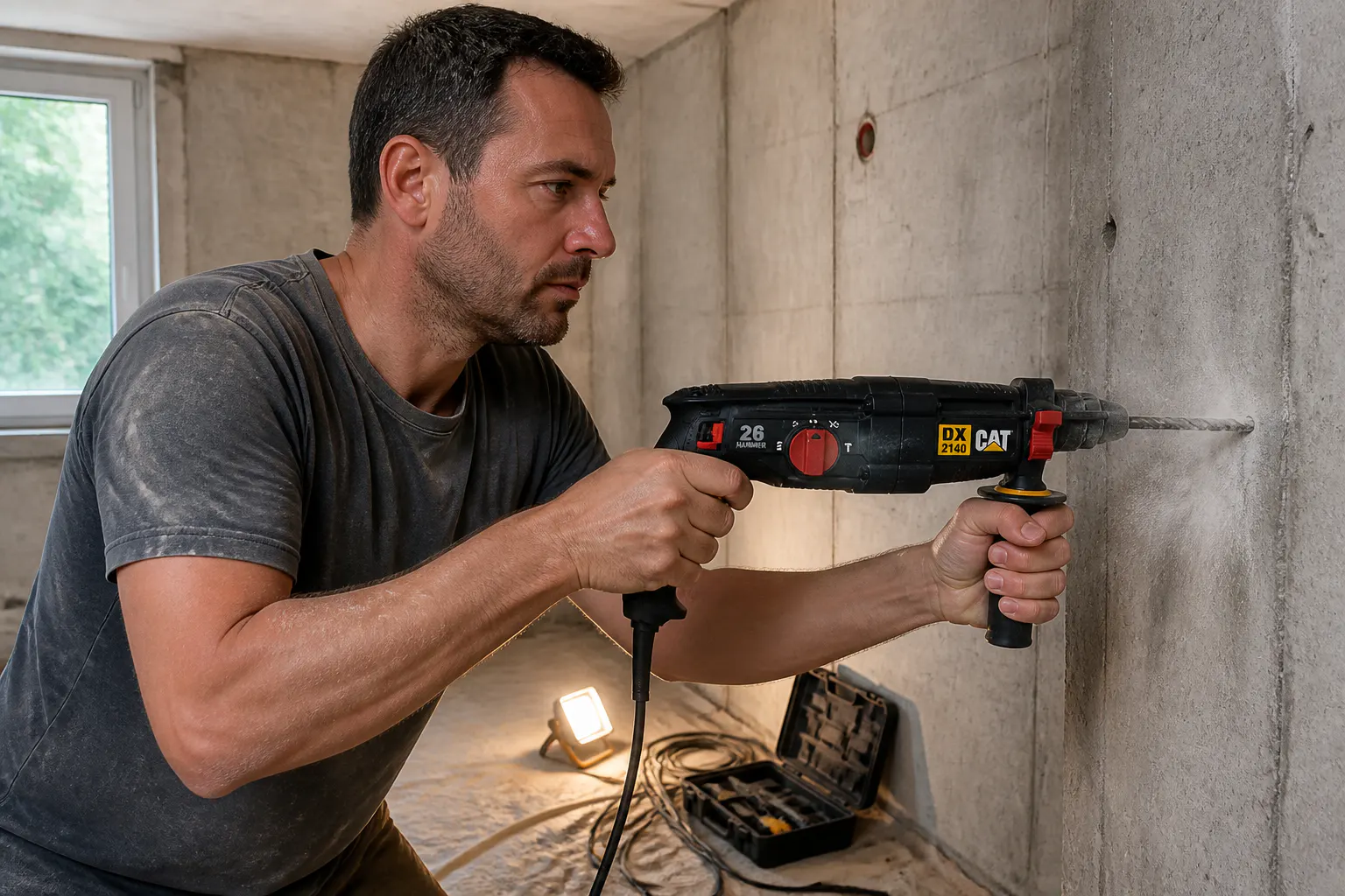 CAT DX2140 rotary hammer boring into concrete
