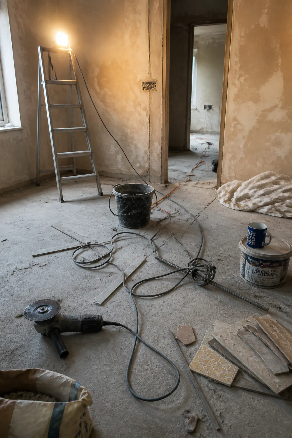Corded angle grinder with extension cable tangled across a renovation site