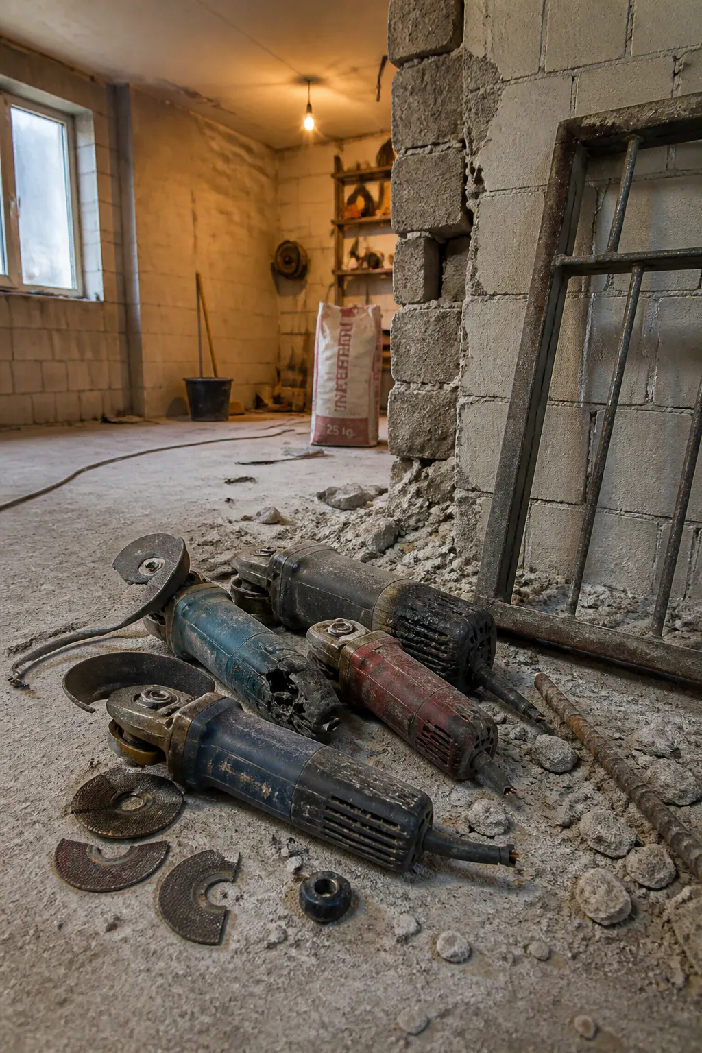 Worn-out grinders set aside in a renovation room