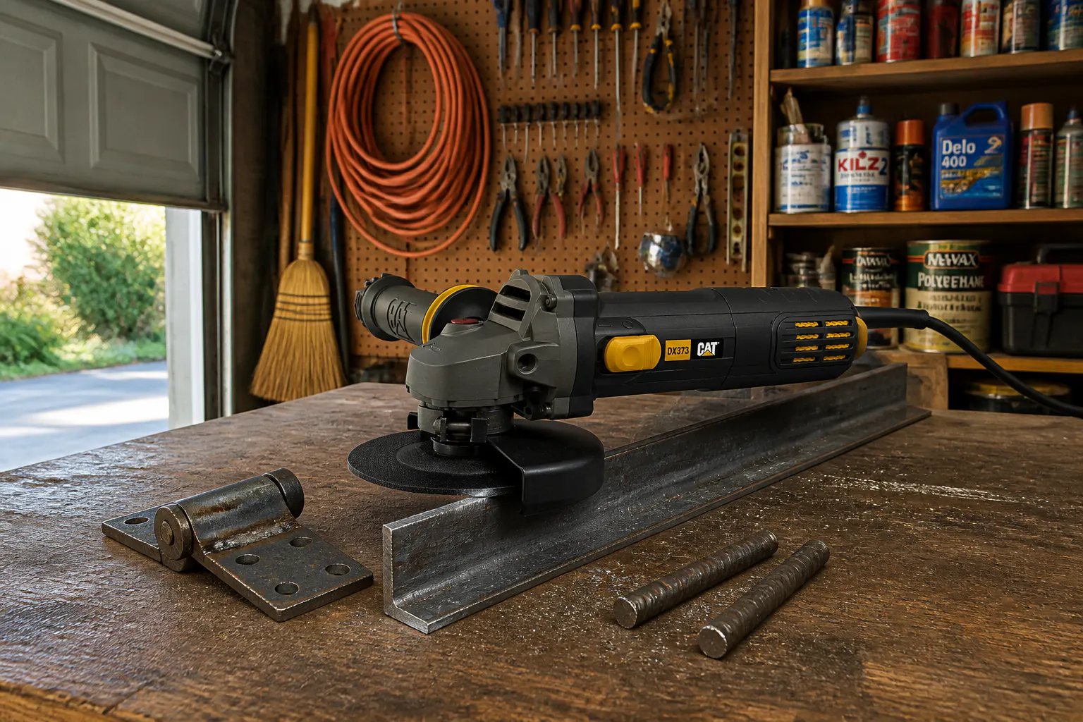 The finished job - DX373 grinder resting on cut metal in the garage