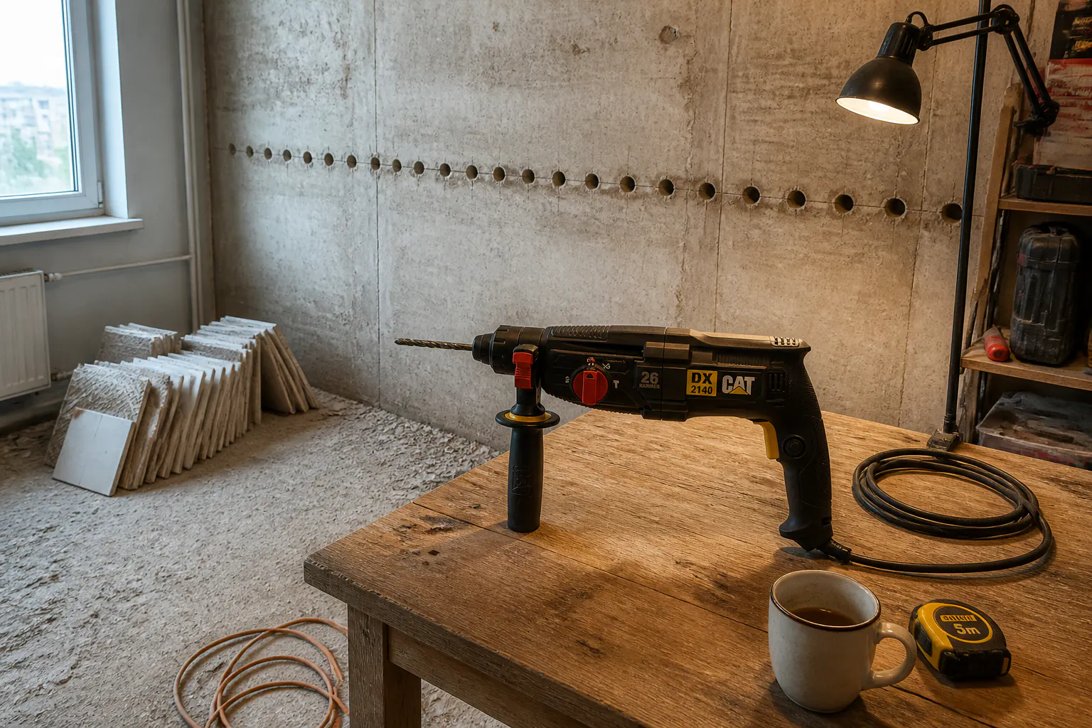 The finished renovation wall - holes drilled, tile removed, the CAT DX2140 on the workbench