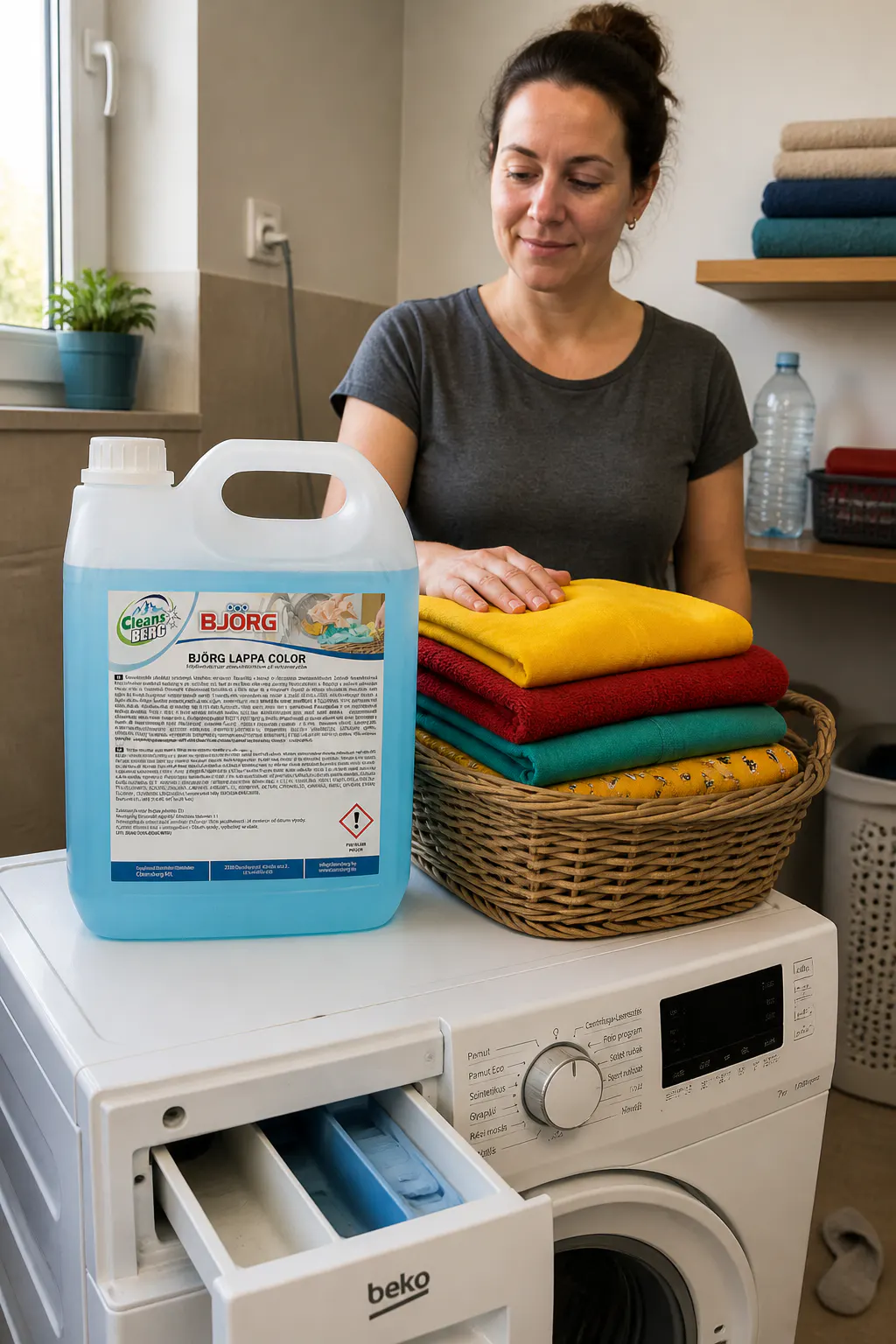 BJÖRG detergent jug beside vivid clean colored clothes