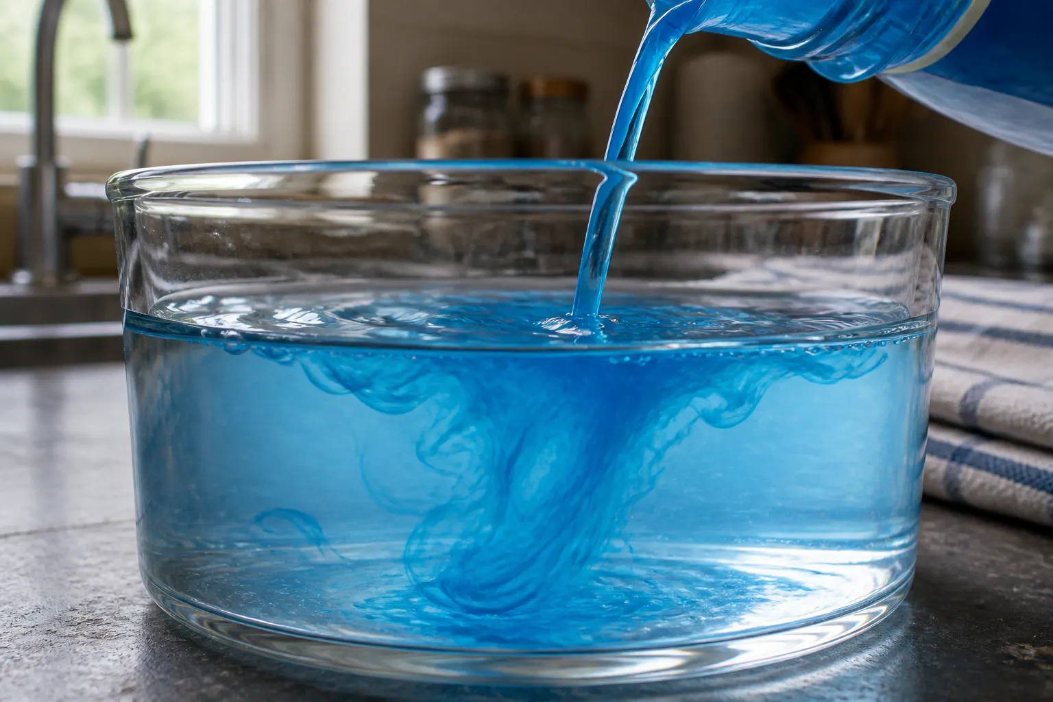 Blue gel dissolving in wash water