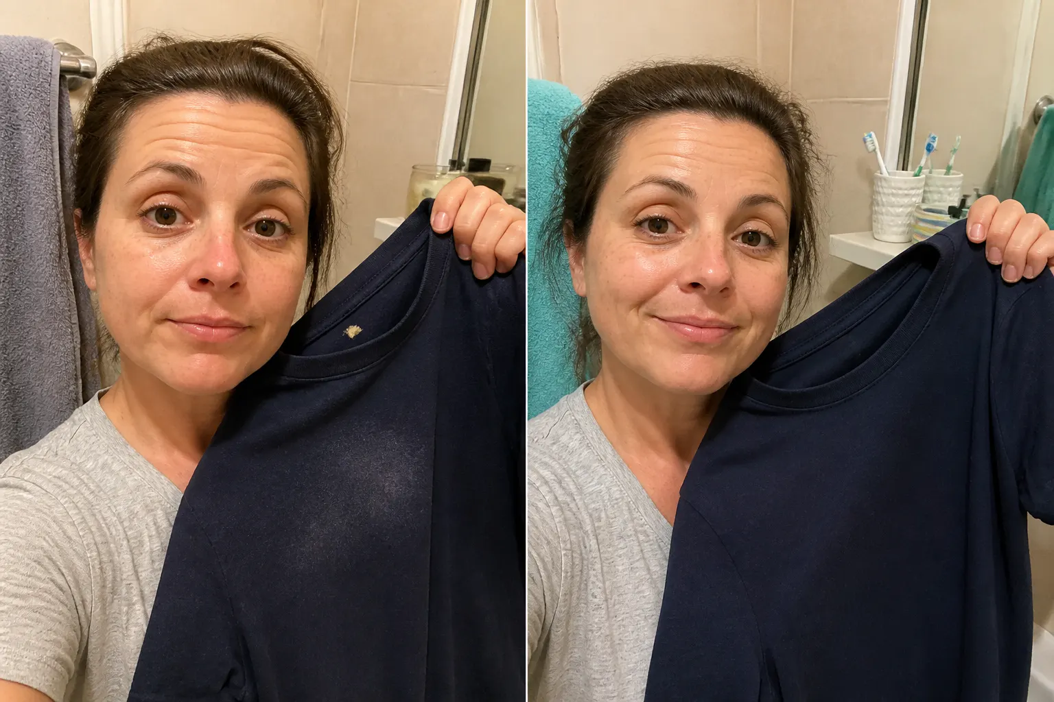 Stained colored garment before and clean after
