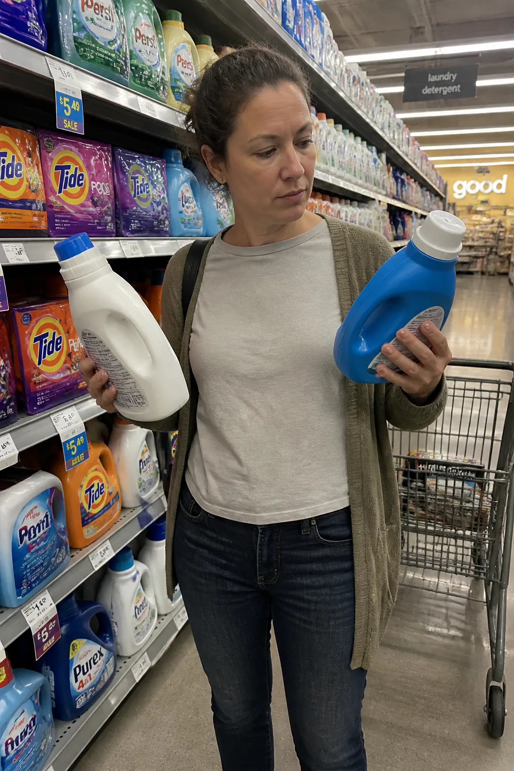 Shopper hesitating in the laundry aisle