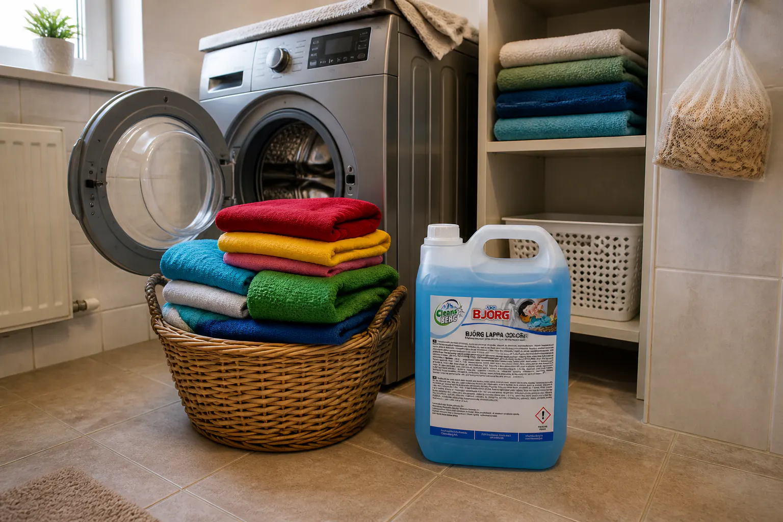 Basket of clean vivid colored clothes with the BJÖRG jug
