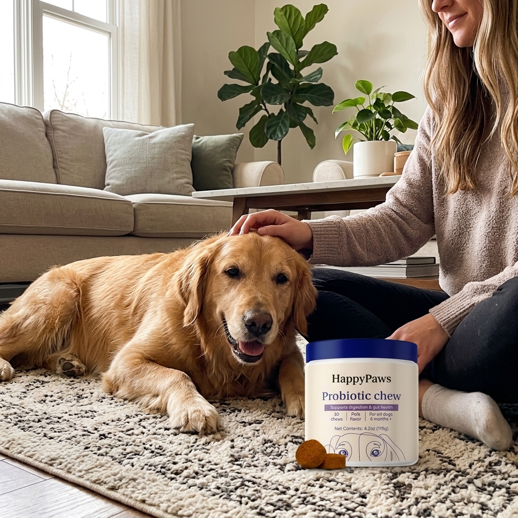 Happy relaxed dog resting on a couch beside its owner