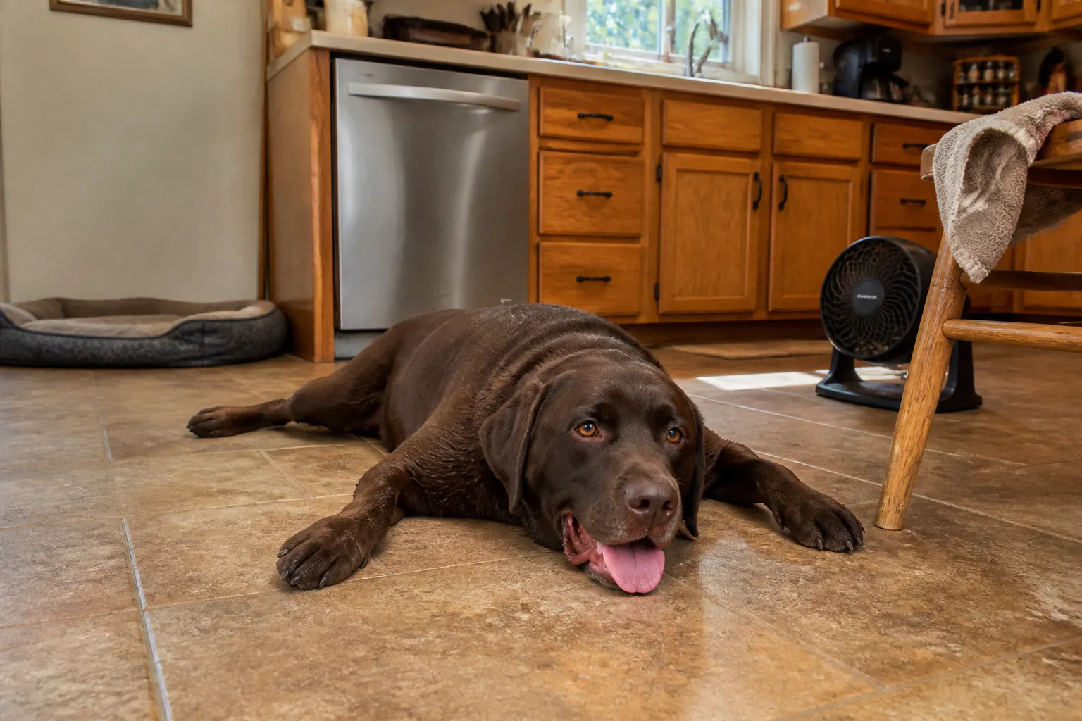 Dog panting on cool tile on a hot afternoon