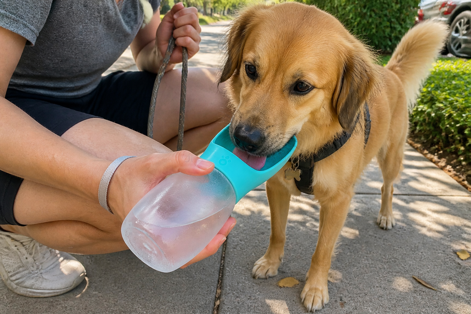 Dog drinking happily from the built-in scoop mid-walk