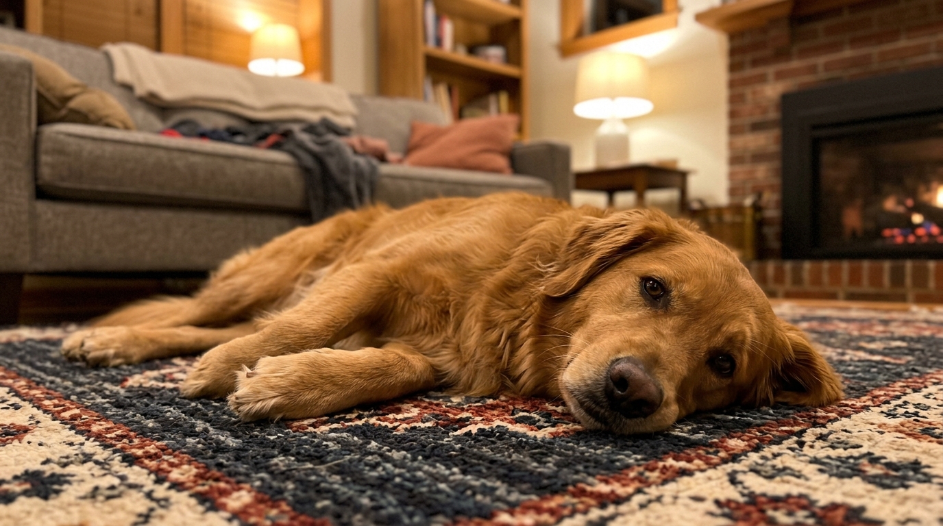 A calm, happy dog resting peacefully at home