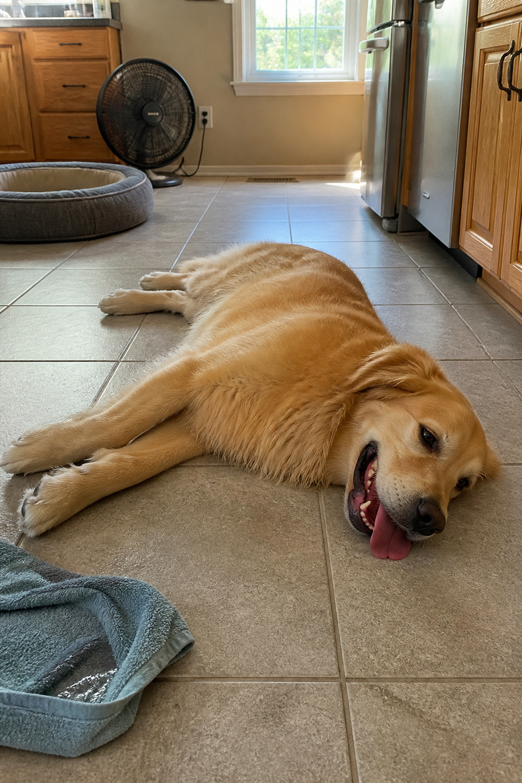A panting dog lying on the cool kitchen tile floor
