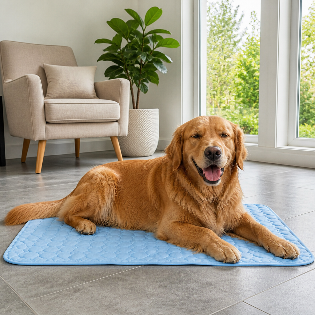 A relaxed dog resting on the HappyPaws cooling mat