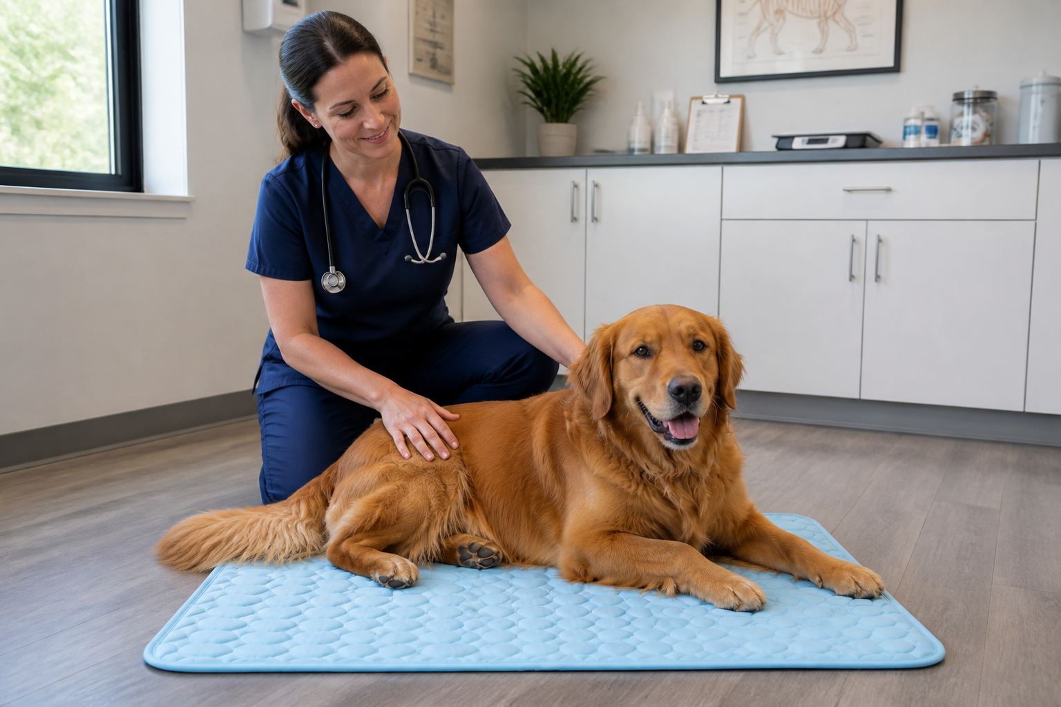 A veterinarian beside a calm dog resting on the cooling mat