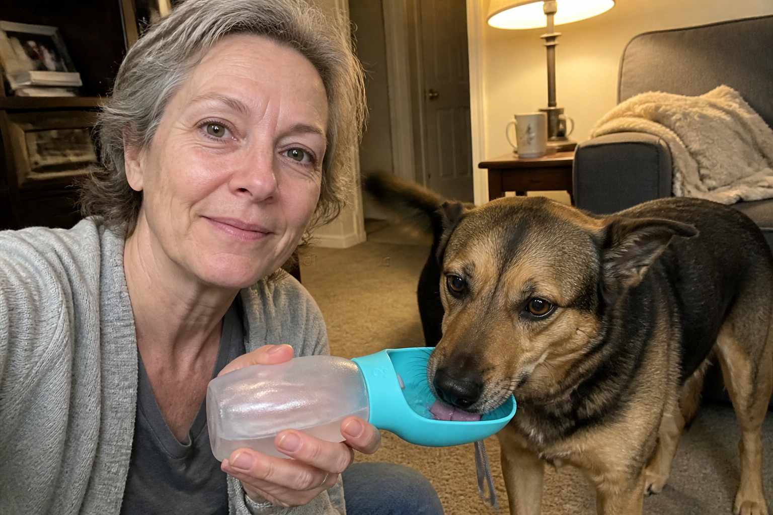 Dog drinking from the water bottle