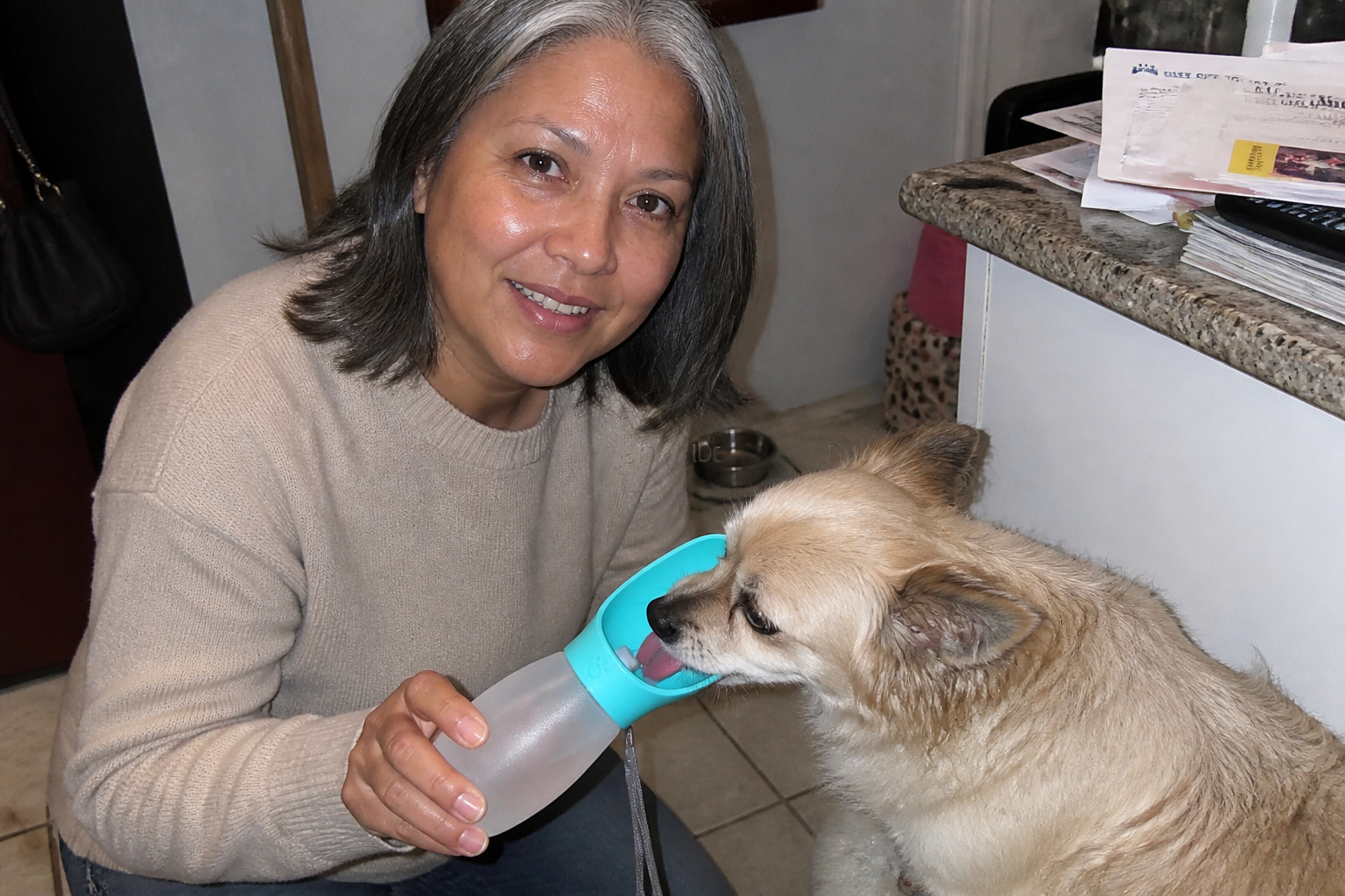 Dog drinking from the water bottle