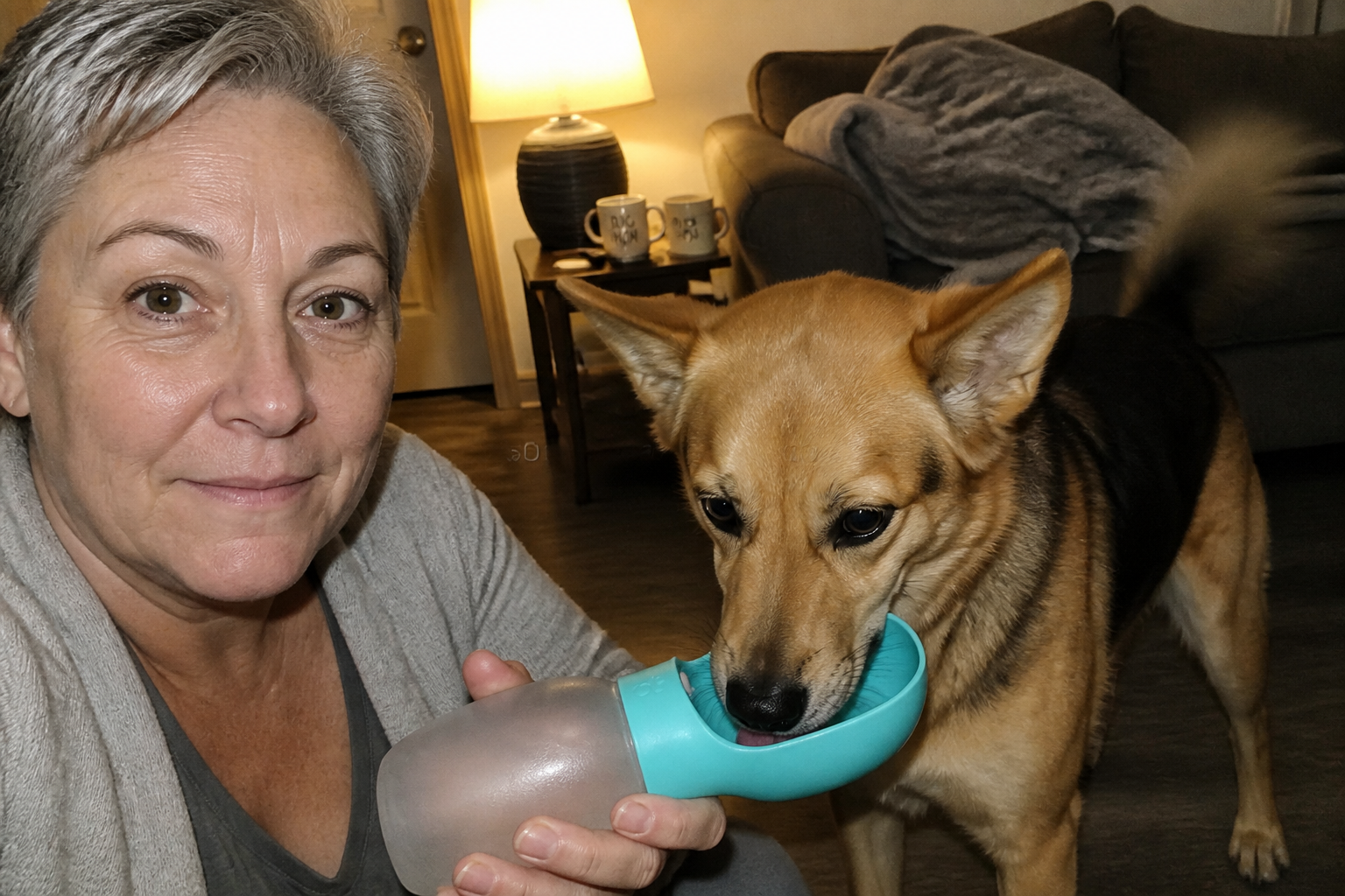 Dog drinking from the water bottle