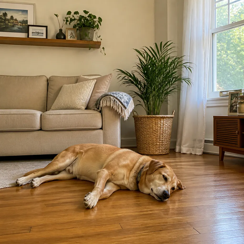 Calm dog resting comfortably on the HappyPaws Cooling Mat