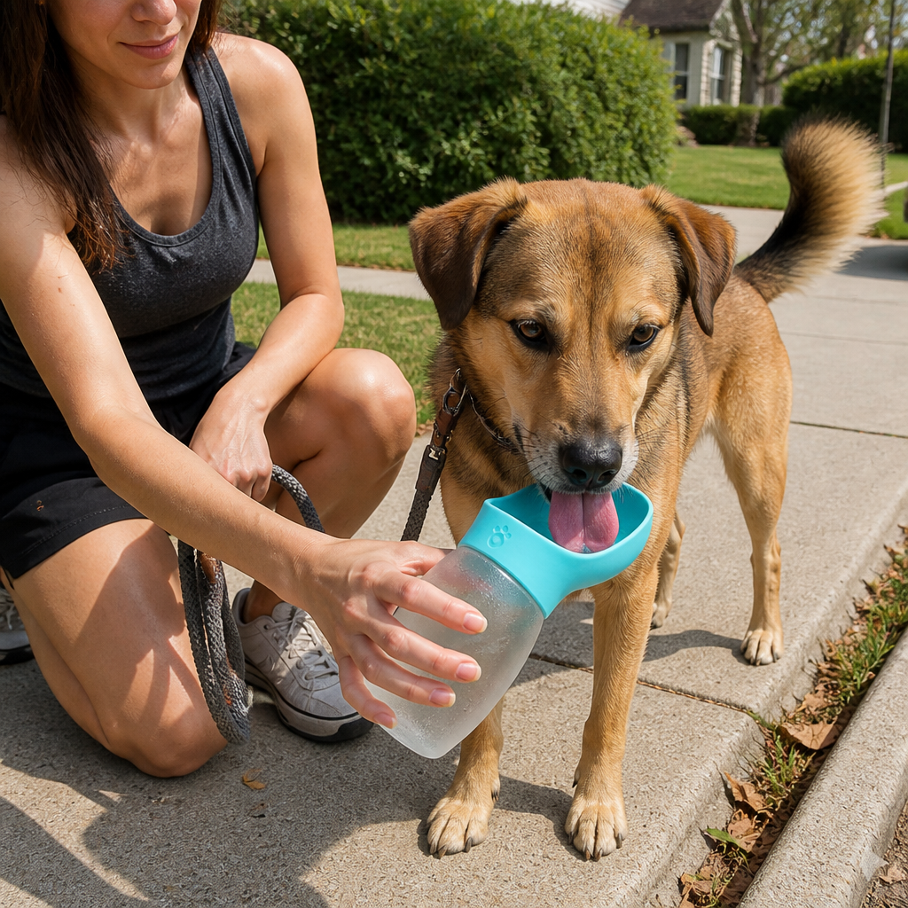 Dog drinking from the built-in scoop of the Portable Dog Water Bottle on a sunny walk