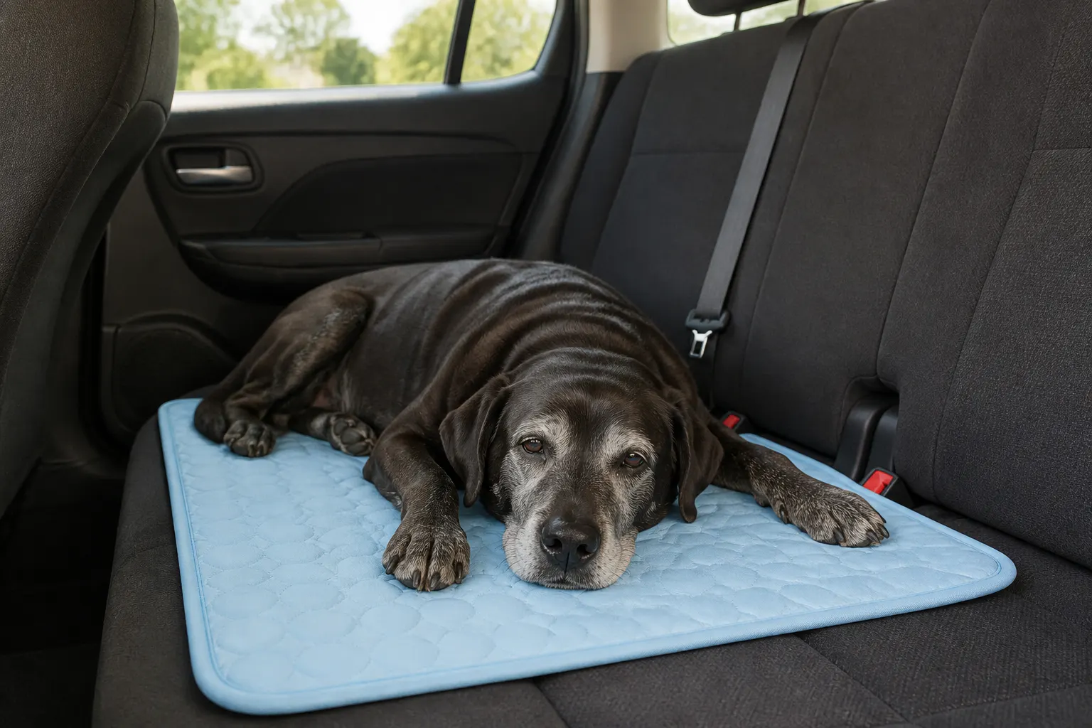 Senior dog resting on the cooling mat