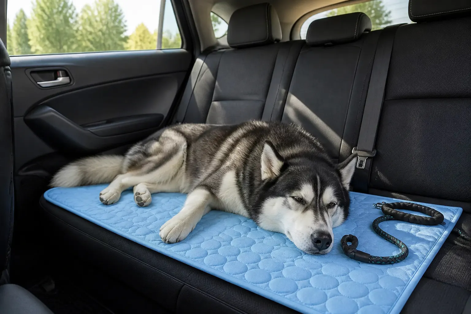 Husky lying on the cooling mat