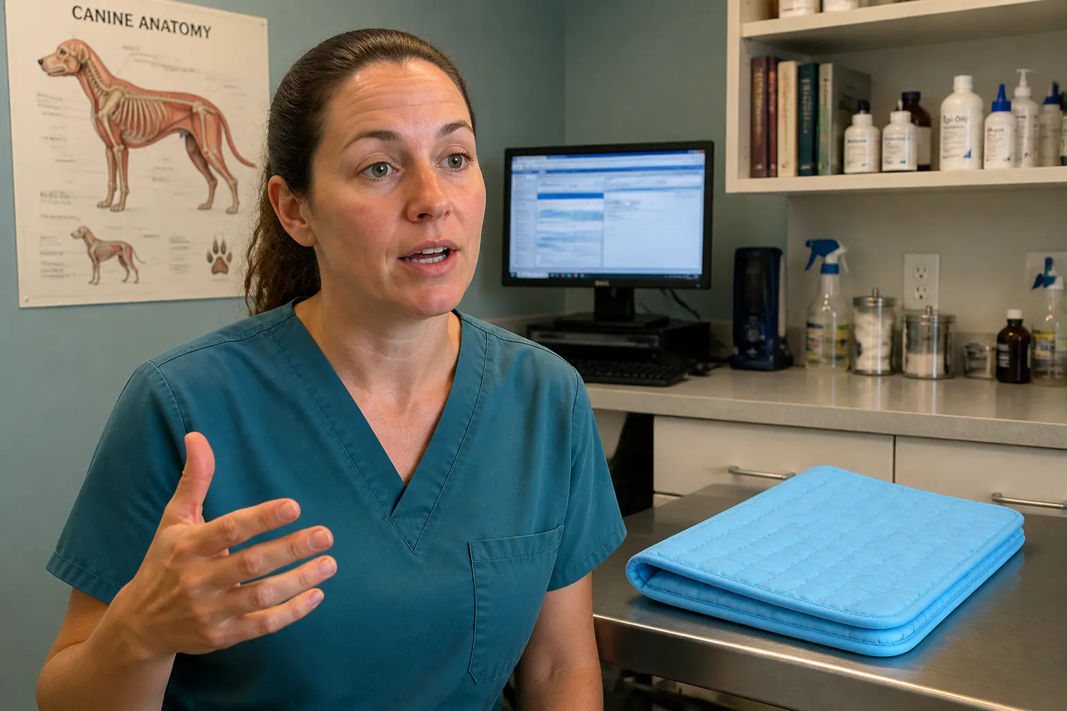 Veterinarian with a dog presenting the HappyPaws Cooling Mat