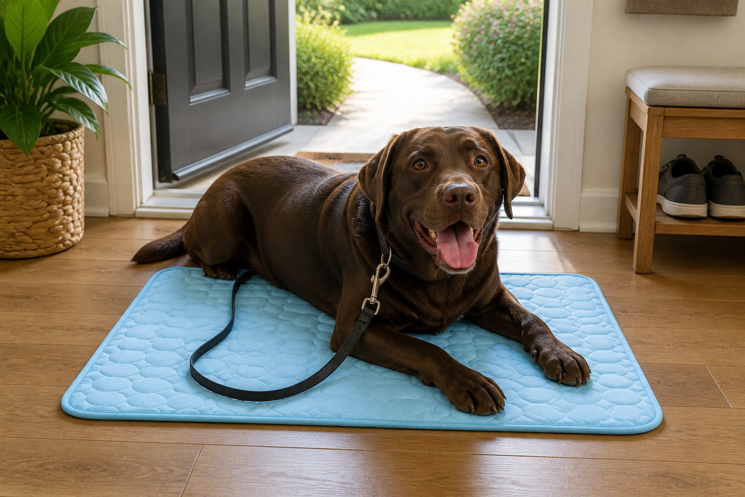 The hot-walk recovery spot waiting by the door