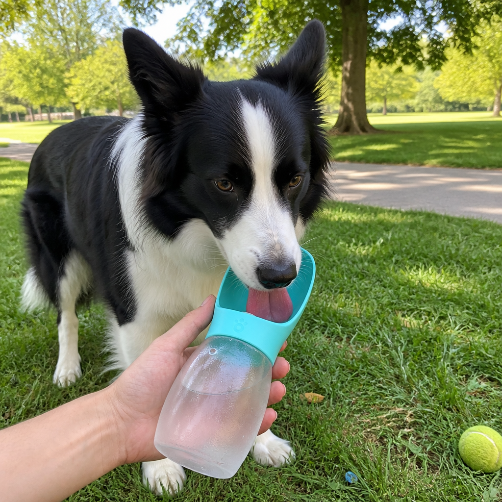 Dog drinking directly from the wide silicone scoop