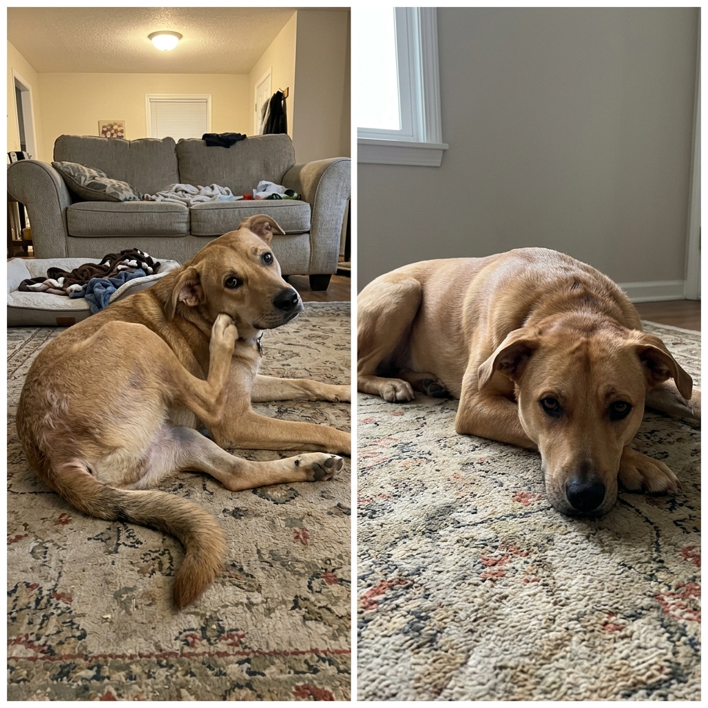 A happy healthy dog with a full coat lying calmly