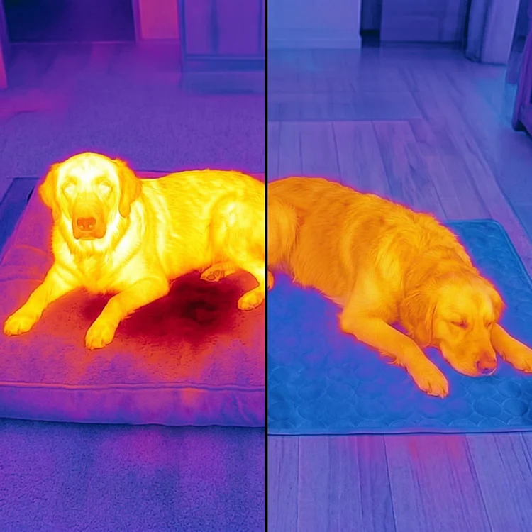 Thermal comparison of a dog lying on the cooling mat - hot before, cool after