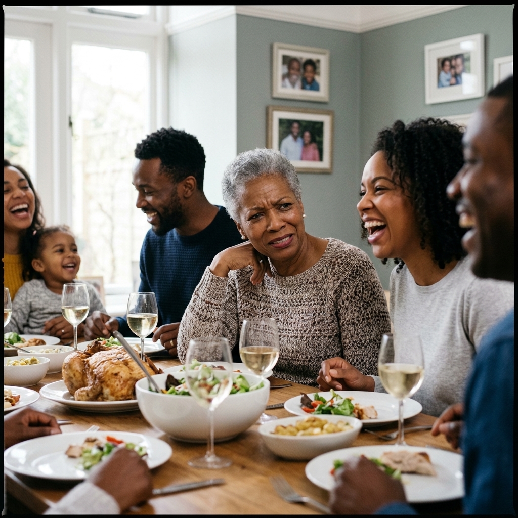 Older woman at family dinner straining to follow the conversation