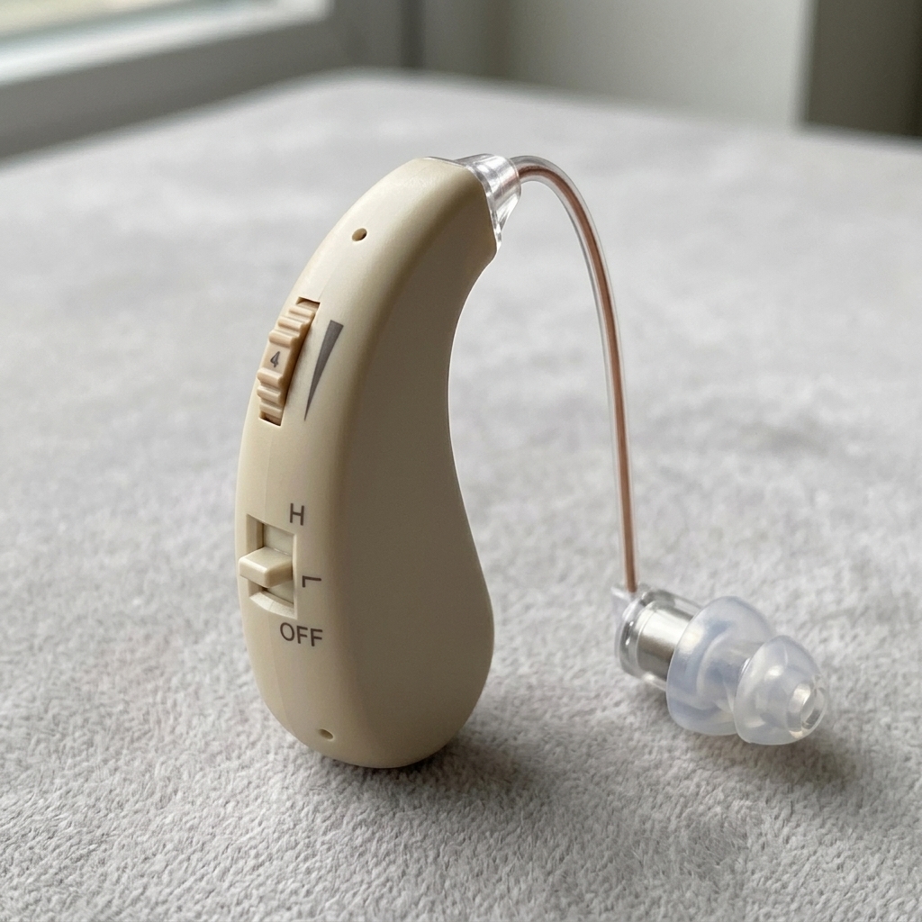 Close-up of the hearing amplifier showing the H/L/OFF switch and volume dial