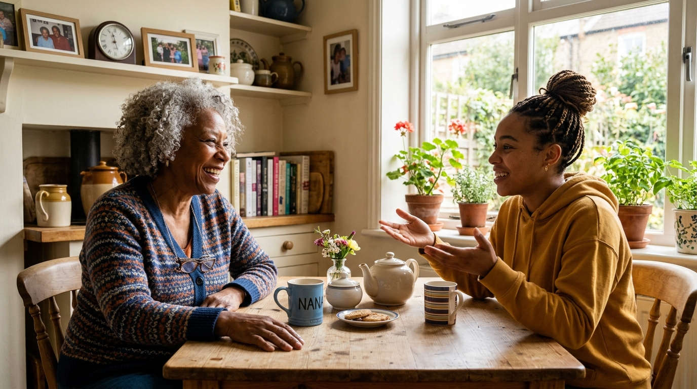Older woman smiling, back in the family conversation