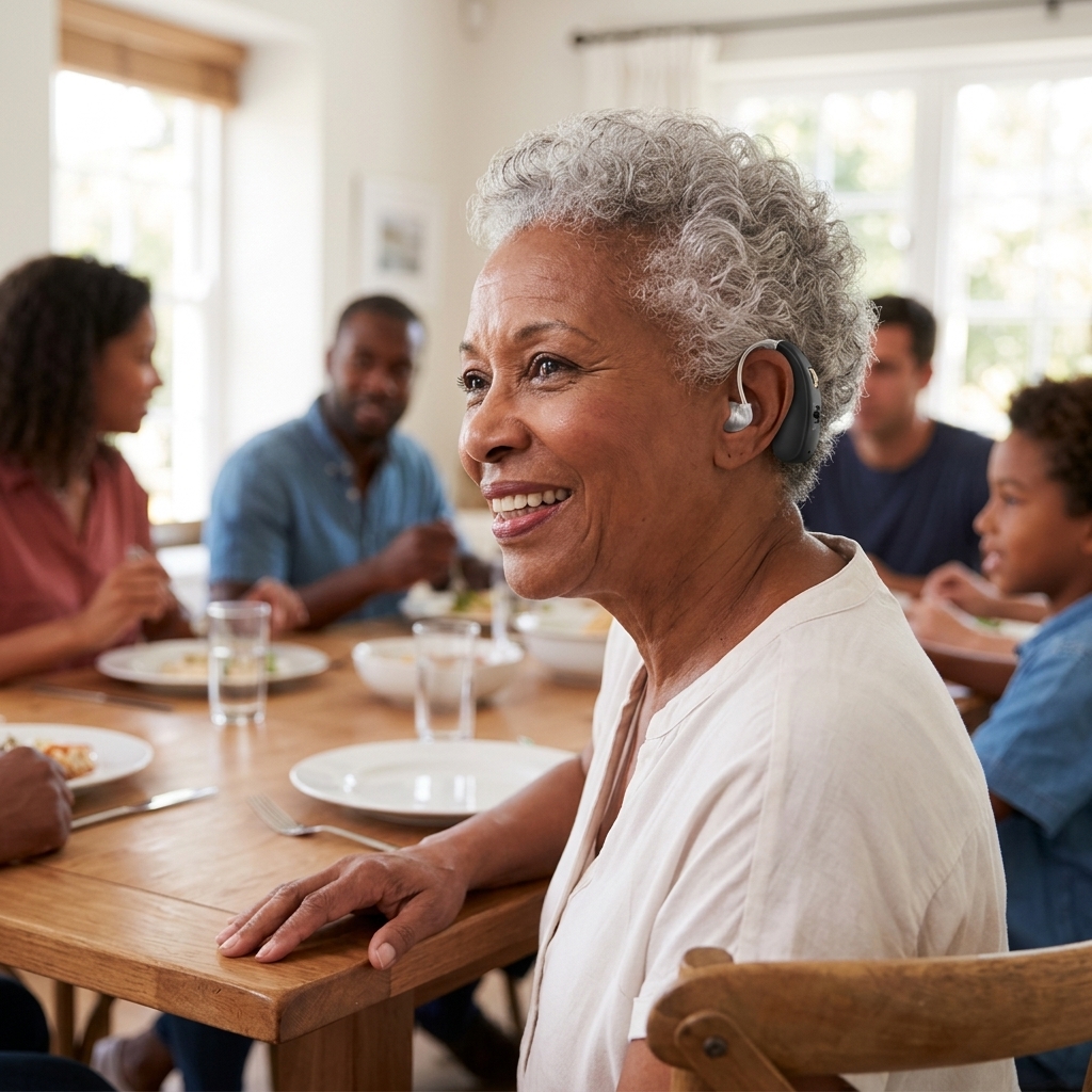 Older woman smiling and engaged in conversation with family, wearing the hearing amplifier