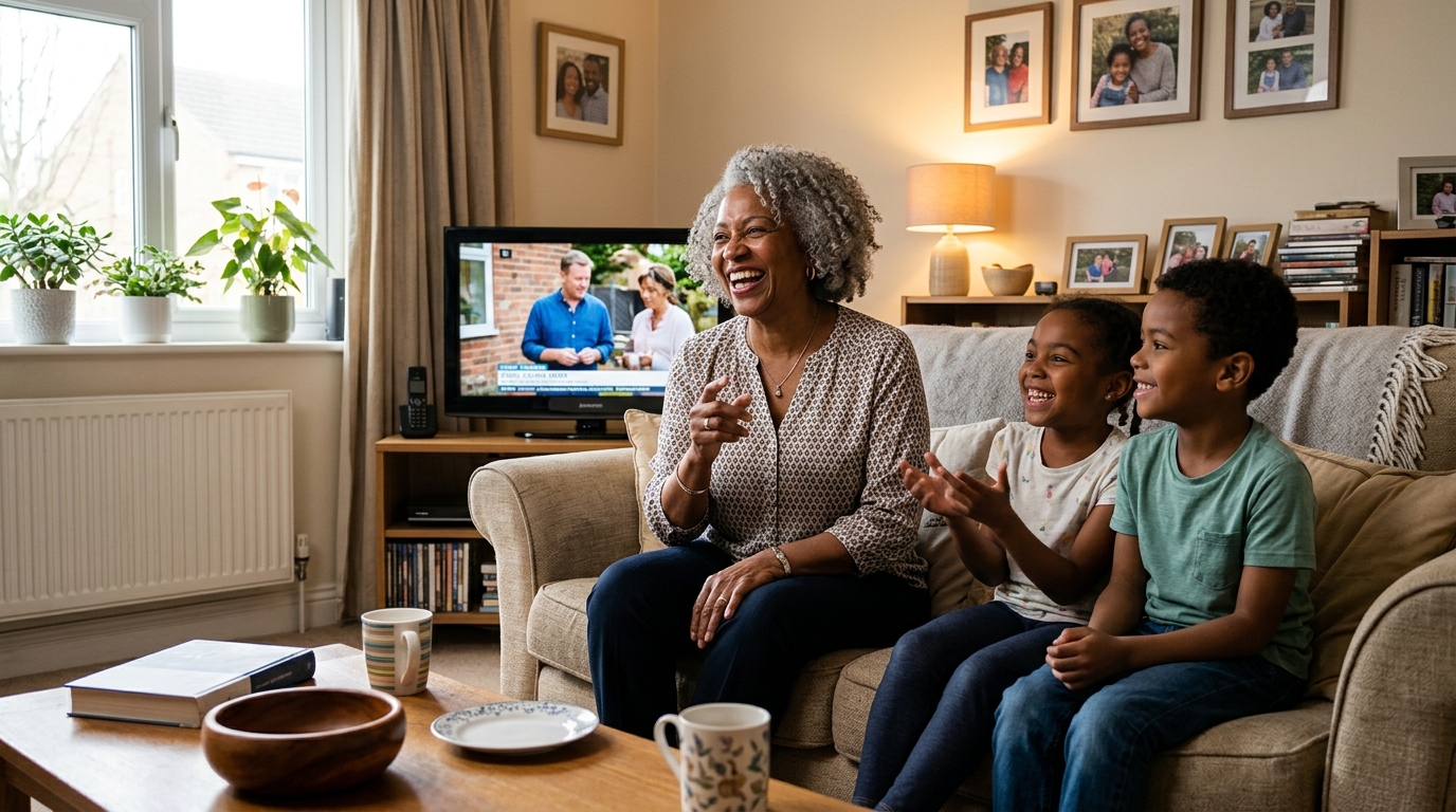 Older woman laughing and fully engaged with her family around the table