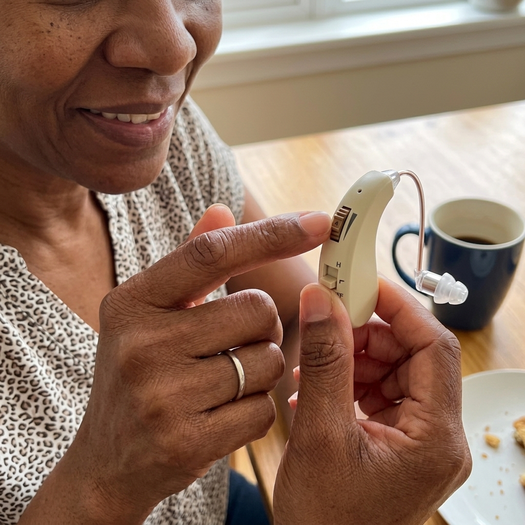 Customer using the hearing amplifier at home