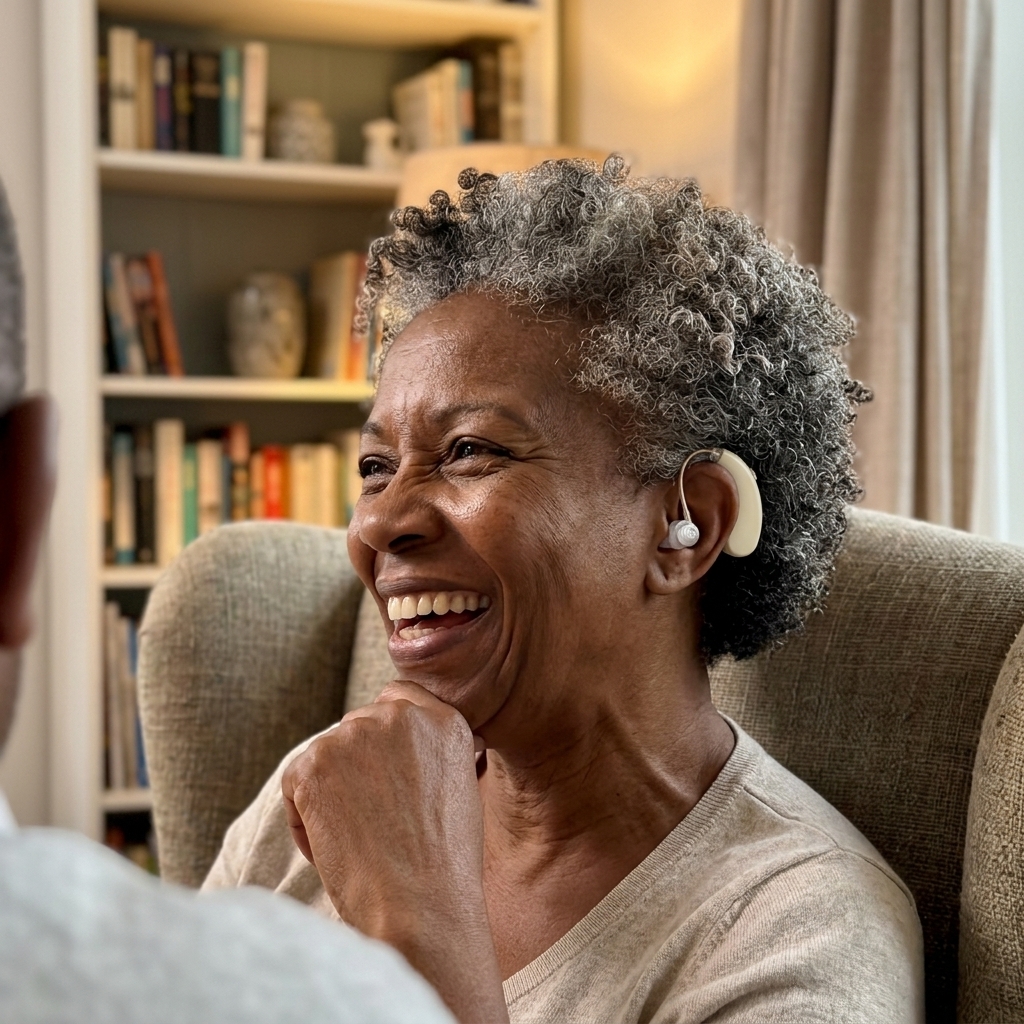 Customer using the hearing amplifier at home