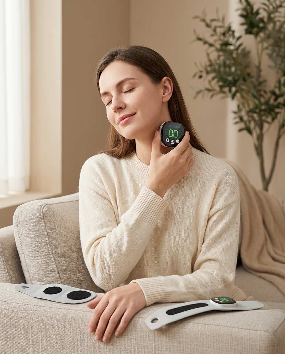 MultiMassager puck detached and pressed against a woman's bare neck and shoulder