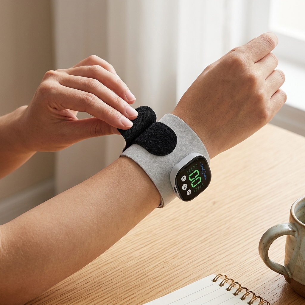 Puck pressed against skin with visible pulse display