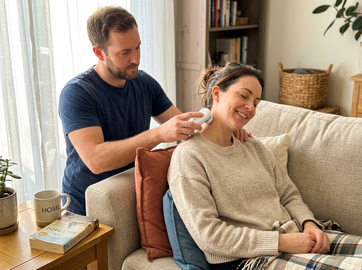 Woman pressing MultiMassager puck against her neck and upper trap