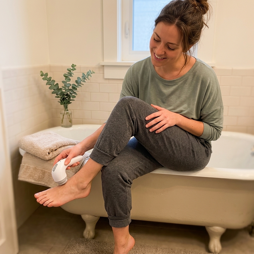 Puck pressed to arch of bare foot