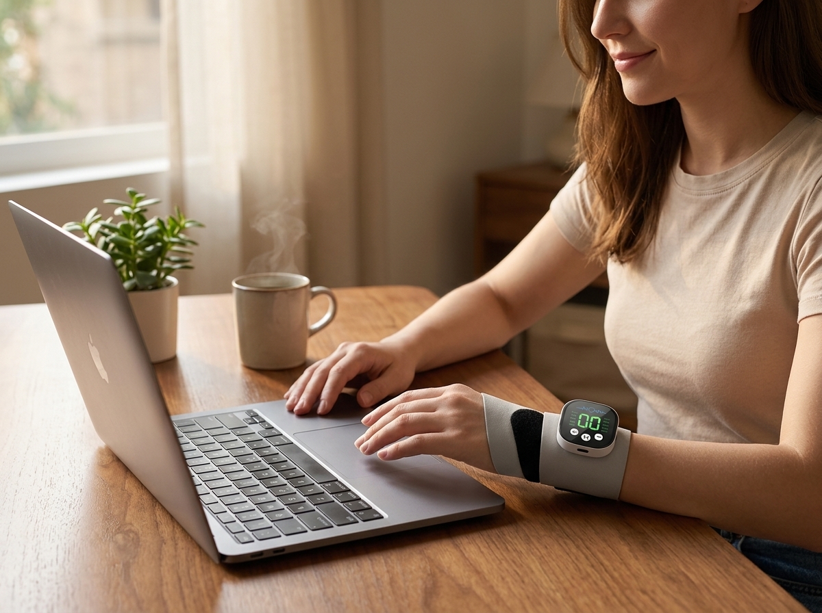 MultiMassager on a wooden desk next to laptop and coffee mug