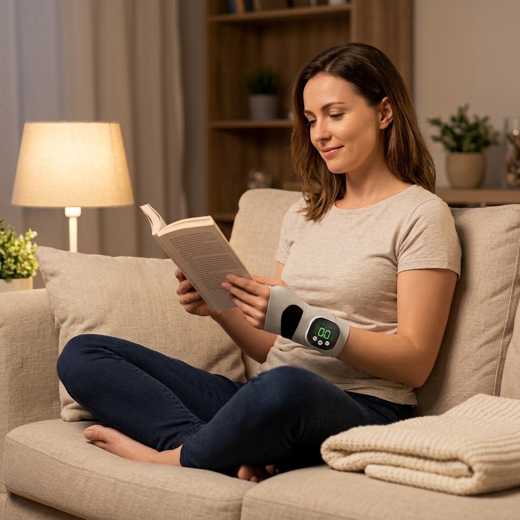 MultiMassager on a wooden nightstand next to a book