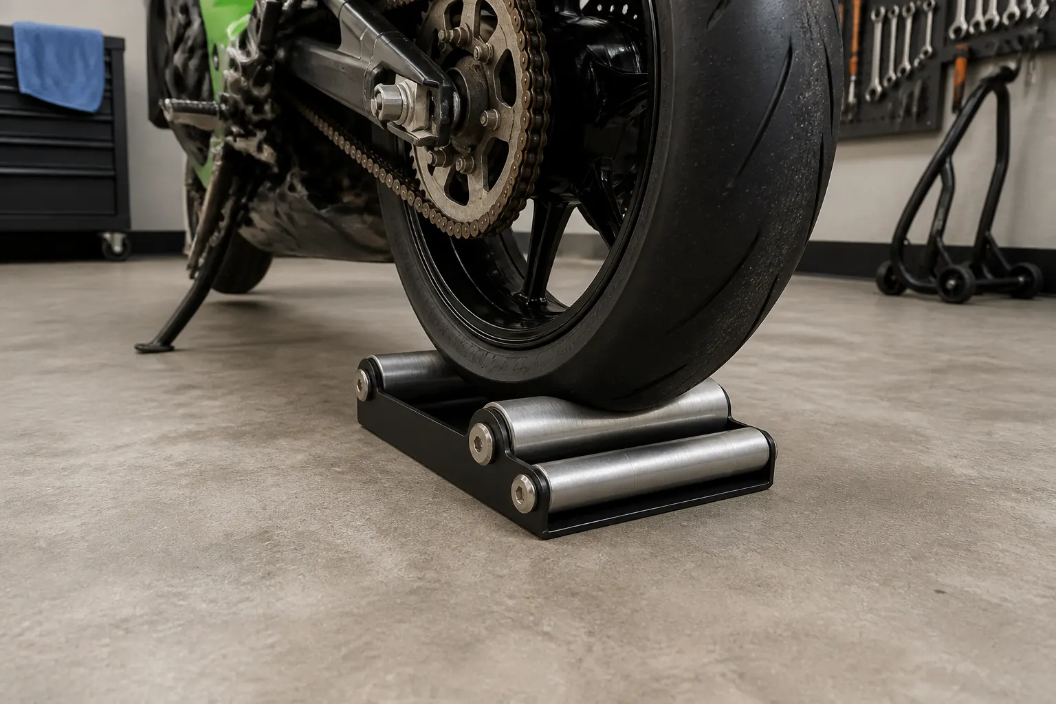 Rear motorcycle wheel resting centered in the three rollers with the fixed end-stop crossbar visible
