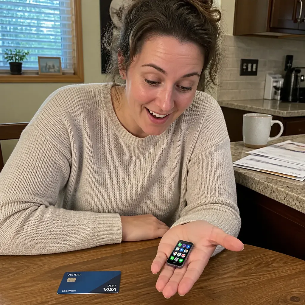 Ventra mini card-size smartphone next to a credit card, running real Android