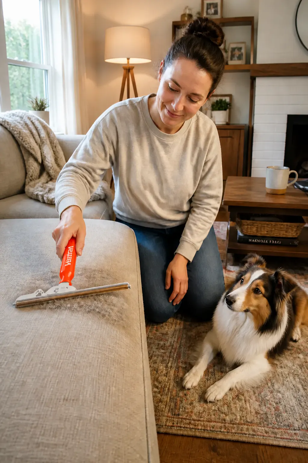 Pet hair rake lifting fur from a couch